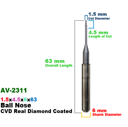 CadCam Milling Burs for Arum Axsys Versamill: CVD Diamond Coated 1.5 MM 4.5x6x63 - Starcona Dental Supply