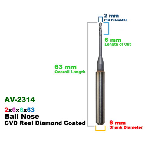 CadCam Milling Burs for Arum Axsys Versamill: CVD Diamond Coated 2 MM 6x6x63 - Starcona Dental Supply