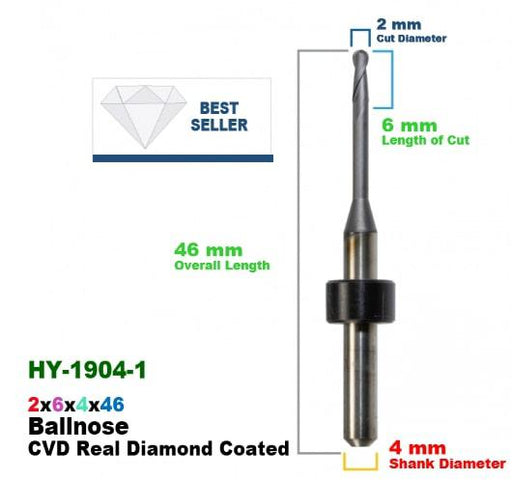 CadCam Milling Burs for ORIGIN & HAAS / YENADENT: Diamond Coated - 2 MM Diameter - Starcona Dental Supply