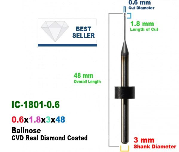 CadCam Milling Burs for IMES-ICORE: Diamond Coated - 0.6 MM Diameter 48 MM Overall Length 1.8 MM Length of cut - Starcona Dental Supply