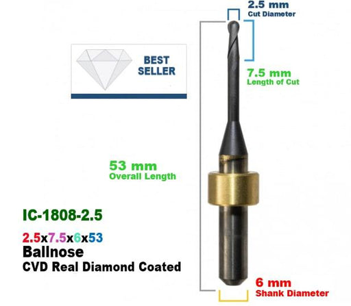 CadCam Milling Burs for IMES-ICORE: Diamond Coated - 2.5 MM Diameter 53 MM Overall Length - Starcona Dental Supply