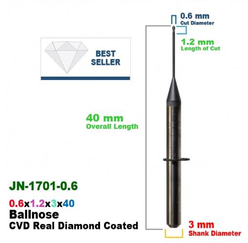 CadCam Milling Burs for JENSEN: Diamond Coated - 0.6 MM Diameter 1.2 MM Length of cut - Starcona Dental Supply