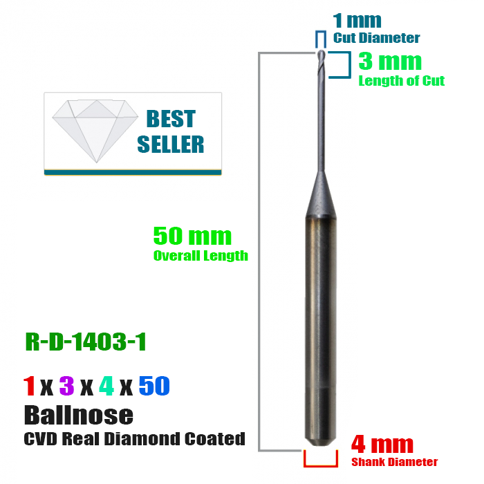 CadCam Milling Burs for Roland: Diamond Coated - 1 MM - Starcona Dental Supply