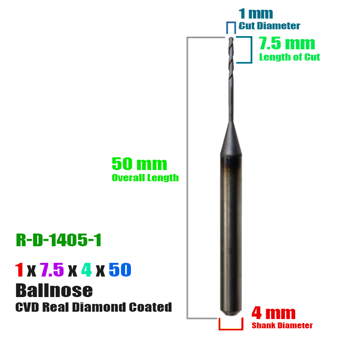 CadCam Milling Burs for Roland : Diamond Coated - 1 MM Diameter 7.5 MM Length of cut - Starcona Dental Supply