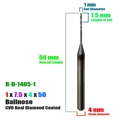 CadCam Milling Burs for Roland : Diamond Coated - 1 MM Diameter 7.5 MM Length of cut - Starcona Dental Supply