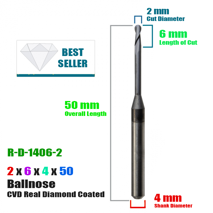 CadCam Milling Burs for Roland : Diamond Coated - 2 MM Diameter 6 MM Length of cut - Ball end - Starcona Dental Supply