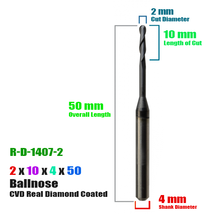 CadCam Milling Burs for Roland : Diamond Coated - 2 MM Diameter 10 MM Length of cut - Starcona Dental Supply