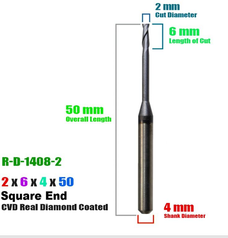 CadCam Milling Burs for Roland : Diamond Coated - 2 MM Square end - Starcona Dental Supply