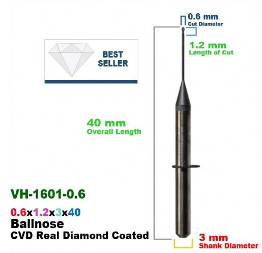 CadCam Milling Burs for VHF: Diamond Coated - 0.6 MM Diameter 1.2 MM Length of cut - Starcona Dental Supply