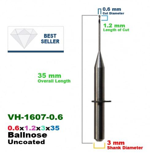 CadCam Milling Burs for VHF: Carbide uncoated - 0.6 MM Diameter 35 MM Overall length 1.2 Length of cut - Starcona Dental Supply
