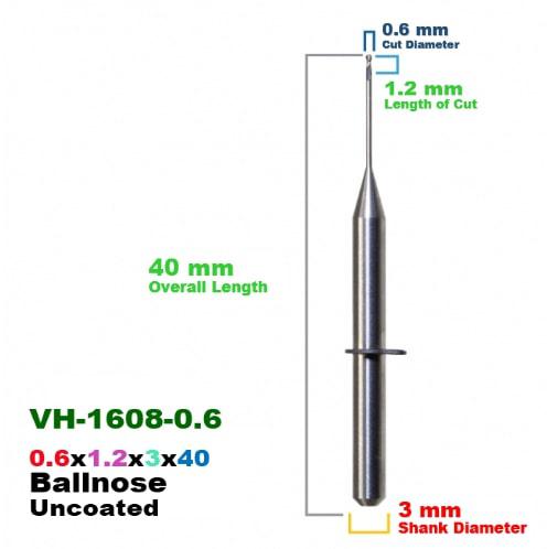 CadCam Milling Burs for VH: Carbide Uncoated - 0.6 MM Diameter 40 MM Overall length 1.2 MM Length of cut - Starcona Dental Supply