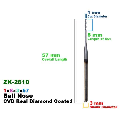 CadCam Milling Burs for Zirkonzahn: CVD Diamond Coated 1 MM x8x3x57