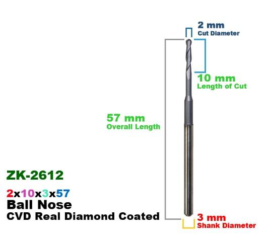 CadCam Milling Burs for Zirkonzahn: CVD Diamond Coated 2 MM x10x3x57